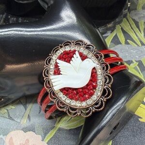 🌟Adorned Crown Jewelry assemblage mother of pearl bird enamel cuff bracelet